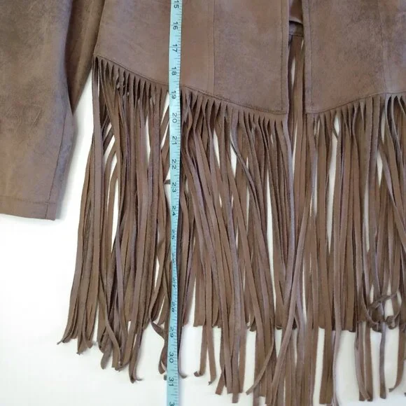 Chicos Jacket Women Size 0/S/4 Brown Faux Suede Fringe Boho Western Festival - Picture 10 of 15